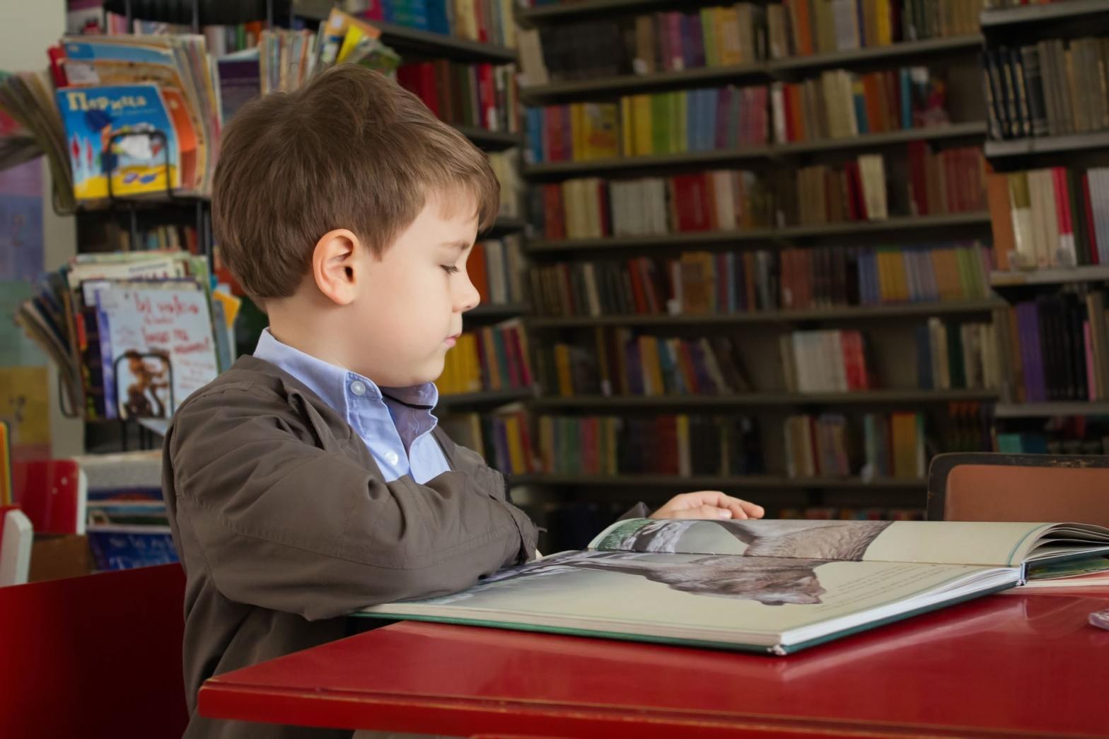 A boy reading a book in the library